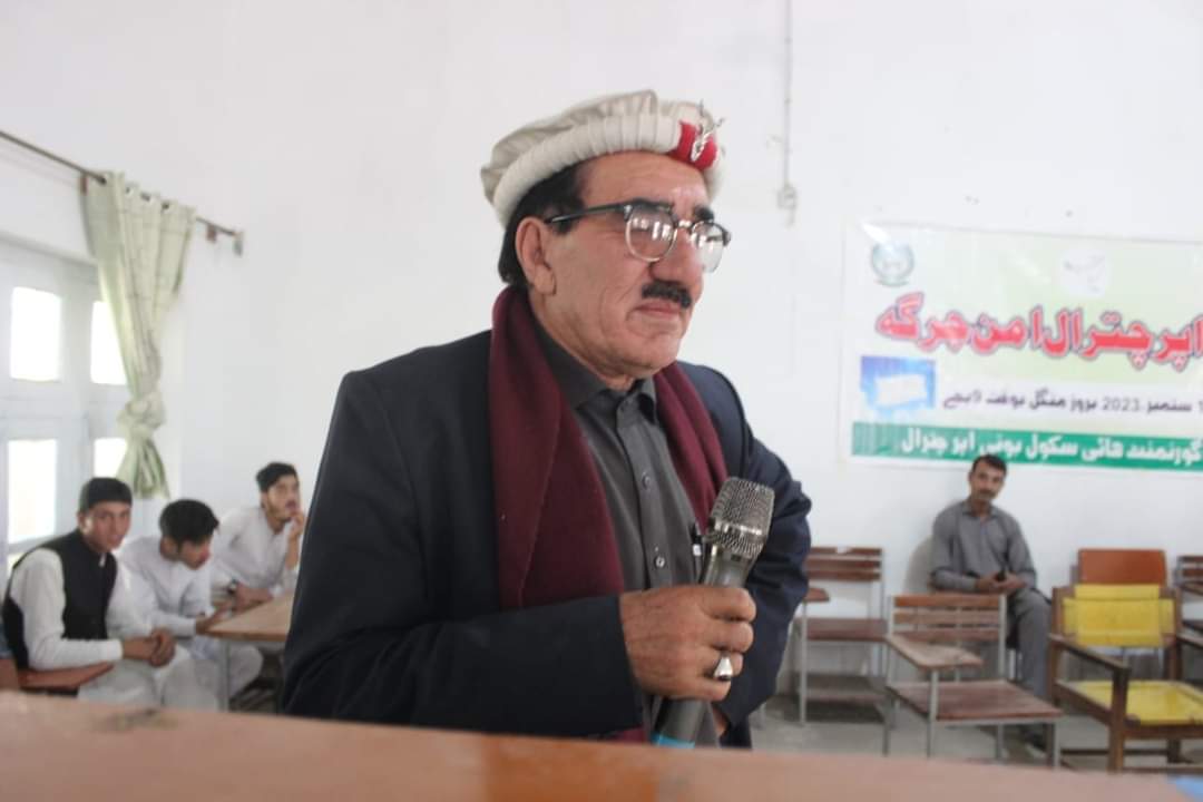 Community leader speaking at the Upper Chitral Aman Jirga peace council