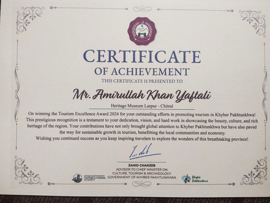 Tourism Excellence Award 2024 certificate for Heritage Museum Laspur Chitral
