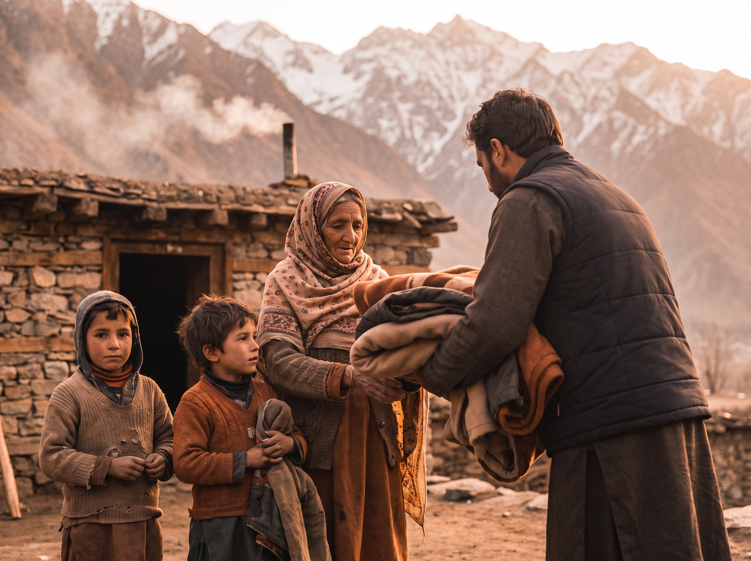 A Chitrali mother and her children receiving warm clothing and household support