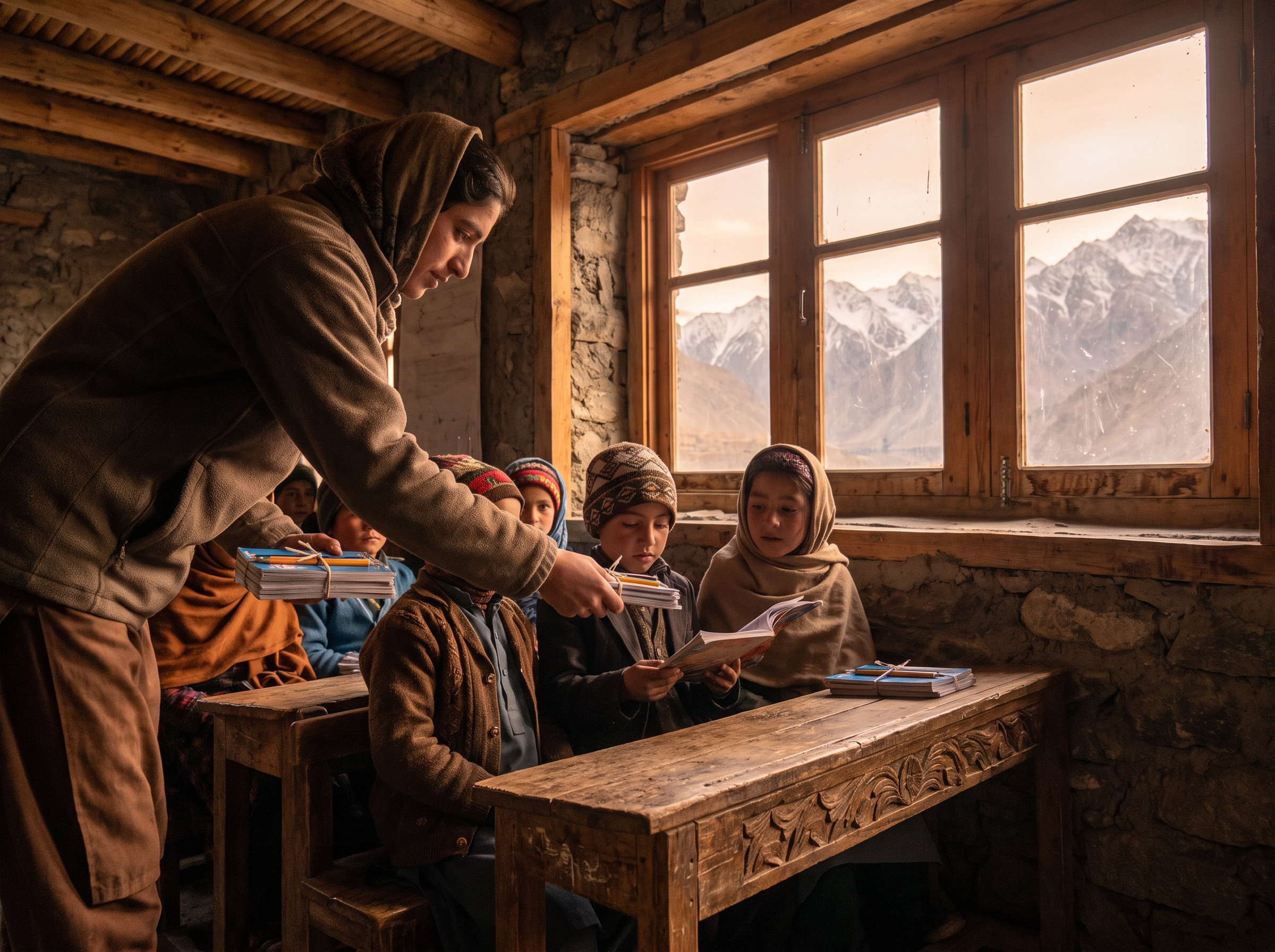 Students in a mountain village schoolroom receiving free books and stationery